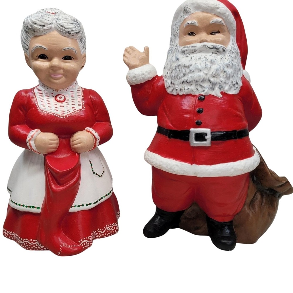 Ceramic Santa Mrs Claus Figurine Set Christmas Waving Fillable Sack Vtg READ